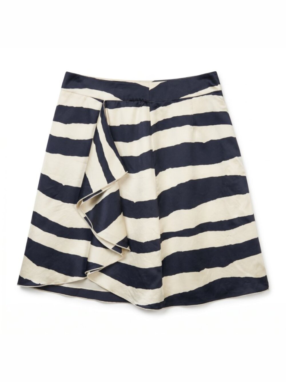 100% Silk Anne Klein Sz 6P Navy Cream Bold Stripe  Ruffle Mini Skirt